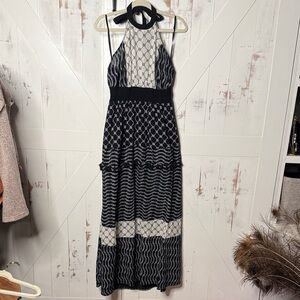 New York & Company Black and White Patterned Halter Boho Maxi Dress
